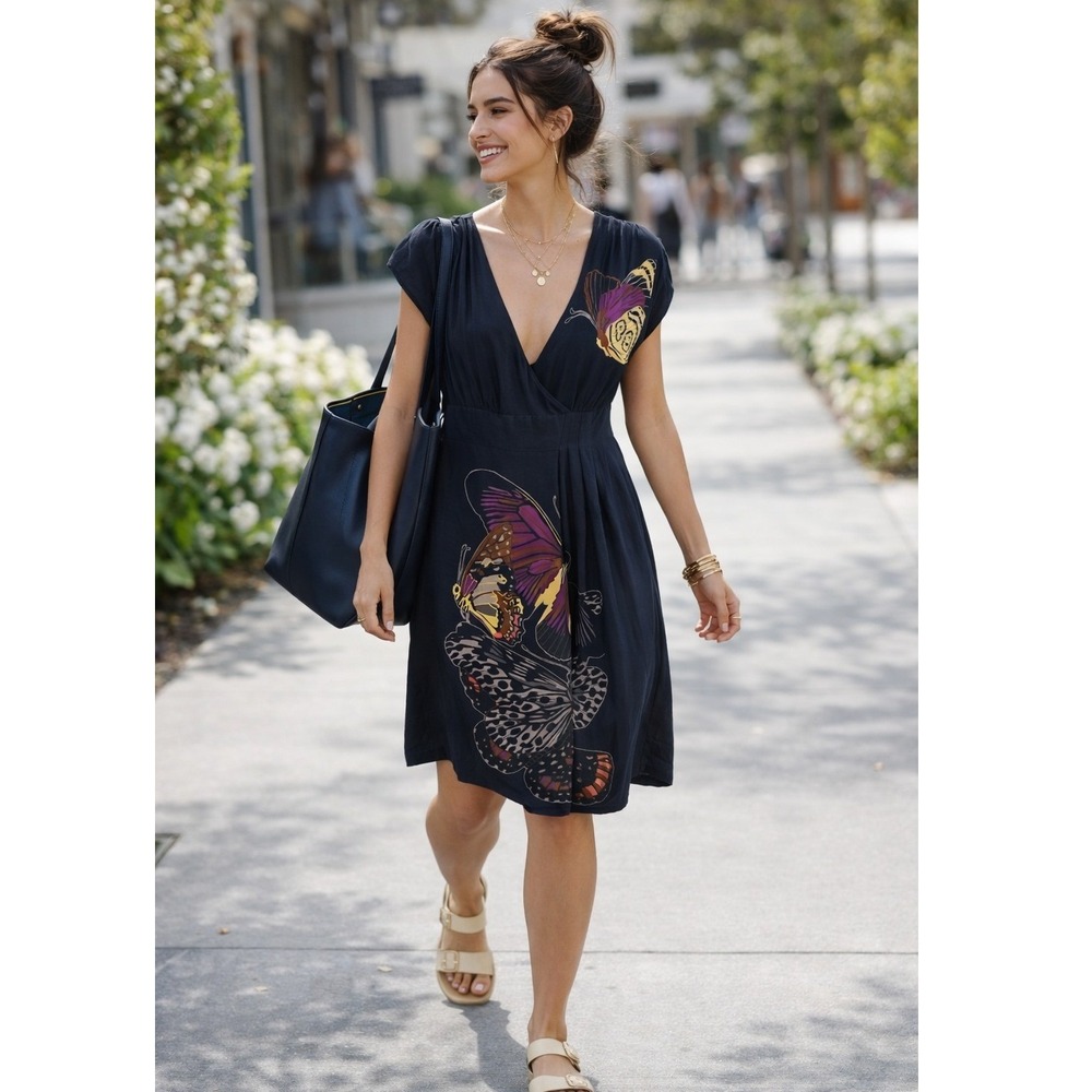 Tibi Silk Butterfly Dress Size 2 Navy Multicolor Print V Neck‎ Designer Mini